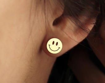 Smiley Face Earrings | 18K Gold Dainty Emoji Studs | Fun Minimalist Jewelry Gift for Her | Happy Face Earrings | Gift for Teen Girl