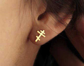 Orthodox Cross Stud Earrings - Silver Earrings Minimal Christian Gift - Christian Faith Jewelry