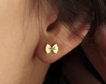 Bowtie Pasta Earrings | 18K Gold Dainty Food Lover Jewelry | Funny Minimalist Studs | Quirky Gift for Her | Gift For Pasta Chefs