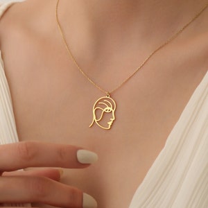 Woman Face Necklace, Abstract Face Gold Necklace, Female Silhouette Necklace, Elegant Gold Line Art Face Necklace, Outline Face Necklace