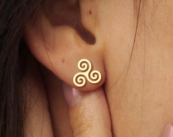 Triskelion Earrings | Gold Dainty Celtic Spiral Jewelry | Minimalist Pagan Symbol Earrings Gift for Her | Spiritual Studs for Everyday Wear