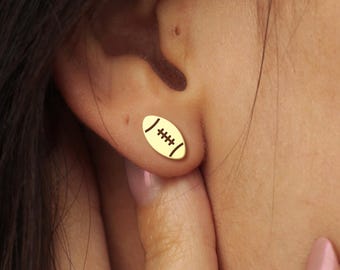 American Football Earrings | 18K Gold Dainty Sports Studs | Minimalist Game Day Jewelry Gift for Her | Football Mom or Fan Earrings