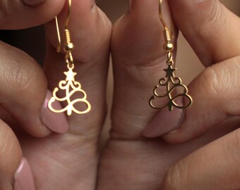 14K Gold Christmas Tree Earrings: Minimalist Christmas Jewelry Gift for Women