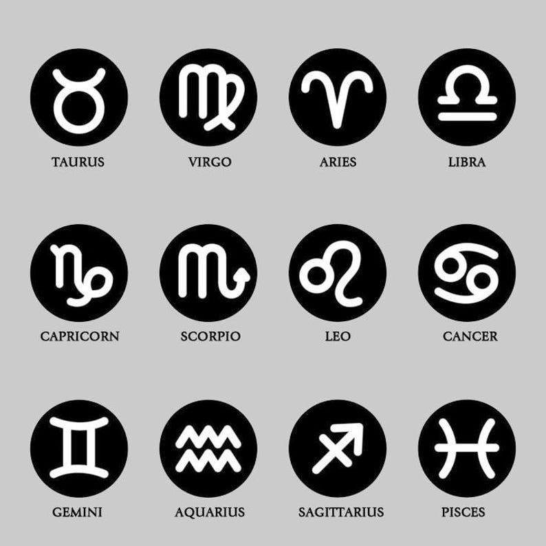 Peut inclure: Une grille de douze signes du zodiaque. Chaque signe est repr&eacute;sent&eacute; par un symbole blanc dans un cercle noir, avec le nom du signe en dessous. Les signes incluent Taureau, Vierge, B&eacute;lier, Balance, Capricorne, Scorpion, Lion, Cancer, G&eacute;meaux, Verseau, Sagittaire et Poissons.