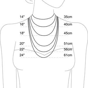 May include: Diagram showing necklace lengths in inches and centimetres. The necklace lengths are 14 inches, 16 inches, 18 inches, 20 inches, 22 inches, and 24 inches. The corresponding lengths in centimetres are 35 cm, 40 cm, 45 cm, 51 cm, 56 cm, and 61 cm.