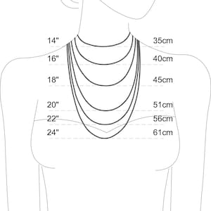 May include: Diagram showing necklace lengths in inches and centimeters. The necklace lengths are 14 inches, 16 inches, 18 inches, 20 inches, 22 inches, and 24 inches. The corresponding lengths in centimeters are 35 cm, 40 cm, 45 cm, 51 cm, 56 cm, and 61 cm.