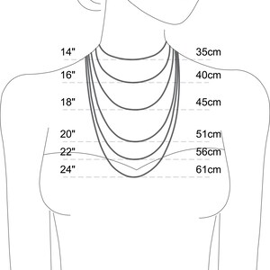 May include: Diagram showing necklace lengths in inches and centimetres. The necklace lengths are 14 inches, 16 inches, 18 inches, 20 inches, 22 inches, and 24 inches. The corresponding lengths in centimetres are 35 cm, 40 cm, 45 cm, 51 cm, 56 cm, and 61 cm.