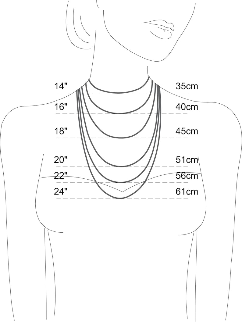 May include: Diagram showing necklace lengths in inches and centimetres. The necklace lengths are 14 inches, 16 inches, 18 inches, 20 inches, 22 inches, and 24 inches. The corresponding lengths in centimetres are 35 cm, 40 cm, 45 cm, 51 cm, 56 cm, and 61 cm.