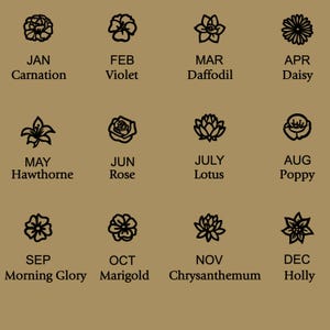 Op de afbeelding: Een beige afbeelding met twaalf bloemenillustraties, die elk een maand van het jaar vertegenwoordigen. Elke bloem wordt vergezeld door de naam van de maand en de naam van de bloem, zoals "JAN Carnation" en "FEB Violet".