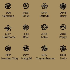 May include: A tan-colored graphic featuring twelve floral illustrations, each representing a month of the year. Each flower is accompanied by the month's name and the flower's name, such as "JAN Carnation" and "FEB Violet."