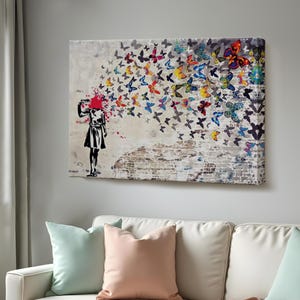Banksy Butterfly Canvas Print, Butterfly Girl Suicide Print, Street Canvas Print, Street Canvas Wall Art, Street Modern Wall Decor