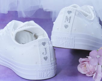 Custom Personlised Bridal Pearl Converse With Personalised Ribbon Laces, Wedding Trainers For Brides.