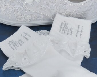 Personalized Wedding Socks: Glitter Print, Frill Trim, Bride Gift