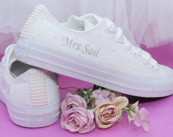 Custom Personlised Bridal Pearl Converse, Wedding trainers For Brides.