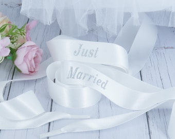 Cordones de cinta con estampado brillante Just Married - Zapatillas de novia para boda