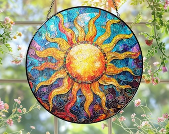 Sun Stained Glass Window Hanging Decor - Celestial Sun Catcher Panel - Colorful Suncatcher Unique Gifts for Women Female Girlfriend Mom