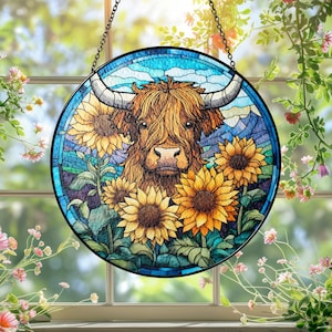 Highland Cow Stained Glass, Farm Animal Suncatcher, Nature Inspires Glass Art, Rustic Decor, Scottish Gift, Farmhouse Decor, Country Style