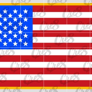 May include: A rectangular graphic of the American flag. The flag features a blue canton with 50 white stars, and 13 alternating red and white stripes. The flag is outlined in gold.