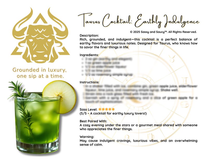 Taurus Alcohol Taurus Cocktail: Earthly Indulgence Cocktail Recipe Digital Download ...