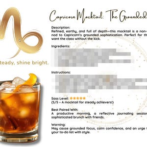 Mocktail Steenbok: afdrukbare mocktail-receptkaart, afdrukbare drankreceptkaart, drankrecept sterrenbeeld, mocktail-printkaarten digitaal kopiëren