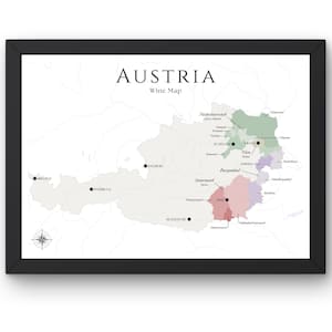 Carte des vins d'Autriche (impression physique, sans cadre) : explorez les vignobles d'Autriche - Art mural élégant et éducation au vin des régions viticoles autrichiennes