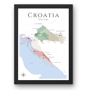 Carte des vins de Croatie (impression physique, sans cadre) : explorez les vignobles de Croatie - Art mural élégant et éducation au vin des régions viticoles de Croatie