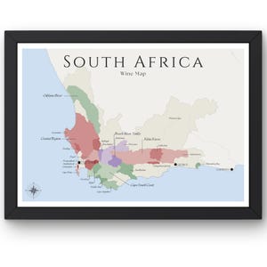 Carte des vins d'Afrique du Sud (impression physique, sans cadre) : explorez les vignobles d'Afrique du Sud - Art mural élégant et éducation au vin d'Afrique du Sud