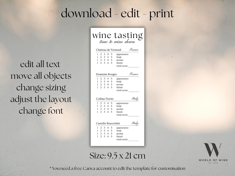 Tasting Notes Design Editable and Customisable Wine Tasting Scorecard: Printable Note Sheet ...
