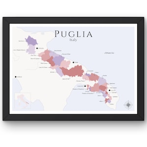 Carte des vignobles des Pouilles (impression physique, sans cadre) : explorez les vignobles des Pouilles - Art mural élégant et éducation au vin