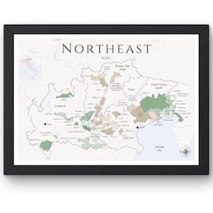 Carte des vins du nord-est de l'Italie (impression physique, sans cadre) : explorez les vignobles de l'Italie - Art mural et éducation au vin du nord-est de l'Italie