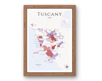 Carte des vins de Toscane (produit numérique) : explorez les vignobles d'Italie - Art mural élégant et éducation au vin de la région viticole de Toscane