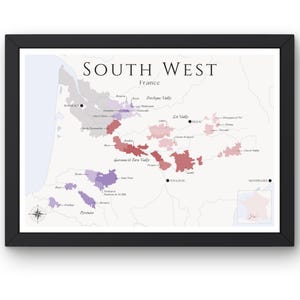 Carte des vins du sud-ouest de la France (impression physique, sans cadre) : explorez les vignobles du sud-ouest de la France - Art mural élégant et éducation au vin