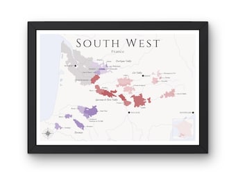South West France Wine Map (Physical Print, unframed): Explore the Vineyards of South West France - Elegant Wall Art & Wine Education