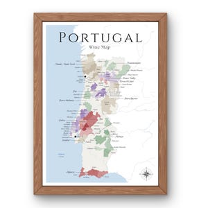 Mapa win Portugalii (produkt cyfrowy): odkryj winnice Portugalii - Elegancka sztuka ścienna i edukacja winiarska na temat regionów winiarskich Portugalii