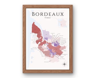 May include: A map of the Bordeaux wine region in France, showing the different appellations and their locations. The map is framed in a light brown wood frame.