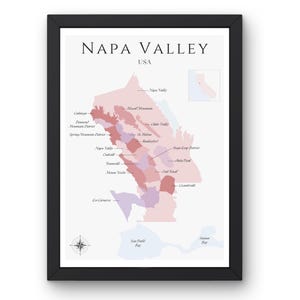 Napa Valley-wijnkaart (fysieke afdruk, niet ingelijst): verken de wijngaarden van de VS - elegante muurkunst en wijneducatie van Napa Valley