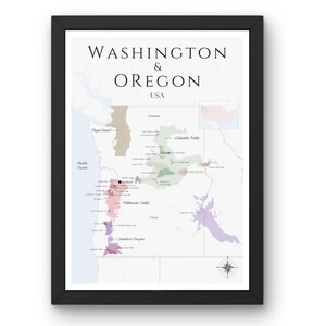 Carte des vins de l'Oregon et de l'État de Washington (impression physique, sans cadre) : explorez les vignobles des États-Unis - Art mural et éducation au vin de l'Oregon et du Wash.