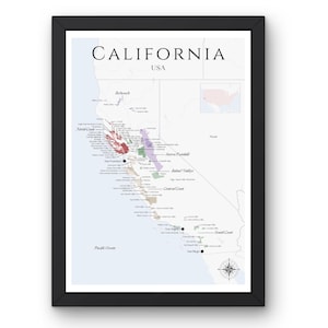 Carte des vins de Californie (impression physique, sans cadre) : explorez les vignobles des États-Unis - Art mural élégant et éducation au vin de Californie