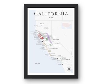 Carte des vins de Californie (impression physique, sans cadre) : explorez les vignobles des États-Unis - Art mural élégant et éducation au vin de Californie