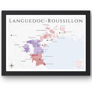 Carte des vins du Languedoc-Roussillon (impression physique, sans cadre) : explorez les vignobles du Languedoc-Roussillon - Art mural élégant et éducation au vin