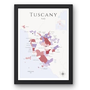 Carte des vins de Toscane (impression physique, sans cadre) : explorez les vignobles d'Italie - Art mural élégant et éducation au vin de la région viticole de Toscane