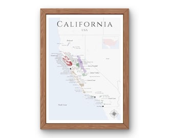 Carte des vins de Californie (produit numérique) : explorez les vignobles des États-Unis - Art mural élégant et éducation au vin de la région viticole de Californie
