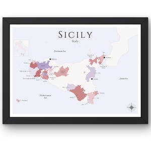 Carte des vins de Sicile (impression physique, sans cadre) : explorez les vignobles d'Italie - Art mural élégant et éducation au vin de la région viticole de la Sicile