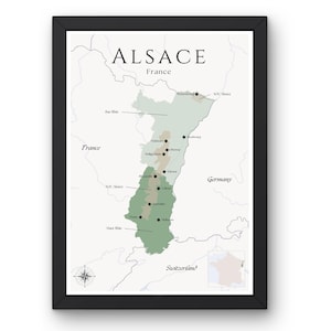 Carte des vins d'Alsace (impression physique, sans cadre) : explorez les vignobles de France - Art mural élégant et éducation au vin de la région viticole d'Alsace