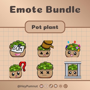 Peut inclure: Un ensemble de six emojis animés représentant une plante en pot avec différentes expressions. Les emojis incluent une plante avec une note qui dit "DUM", une plante avec un marteau qui lui frappe la tête, une plante avec des confettis, une plante avec un point d'interrogation, une plante avec des X pour les yeux et une plante en prison.