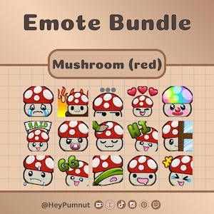 Cute red mushroom emotes | Twitch | Twitch emotes | Discord | Youtube | streaming | Fifteen (15) mushroom inspired emotes | digital download