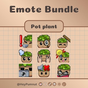 Peut inclure: Ensemble de neuf émoticônes sur le thème des plantes en pot, avec diverses expressions et accessoires. Les émoticônes incluent une loupe, une ampoule, un appareil photo et un livre. Le texte "Emote Bundle" et "Pot plant" est affiché en haut.