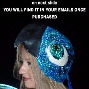 May include: A woman wearing a blue and black glittery headpiece with a large eye design. The headpiece is decorated with sequins and feathers. The image includes text that reads: "This Photo Shows outcome EXAMPLE ONLY - You purchase plain DIGITAL Template Shown on next slide YOU WILL FIND IT IN YOUR EMAILS ONCE PURCHASED."
