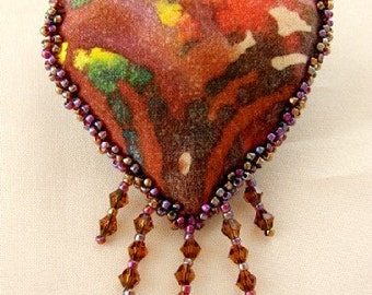 HEART PIN-Batik, Swarovski Crystals and Glass Seed Beads-OOAK (Made to Order by request)