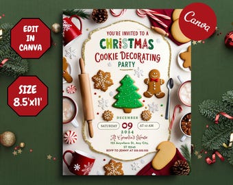 Convite para festa de decoração de biscoitos de Natal, modelo editável no Canva